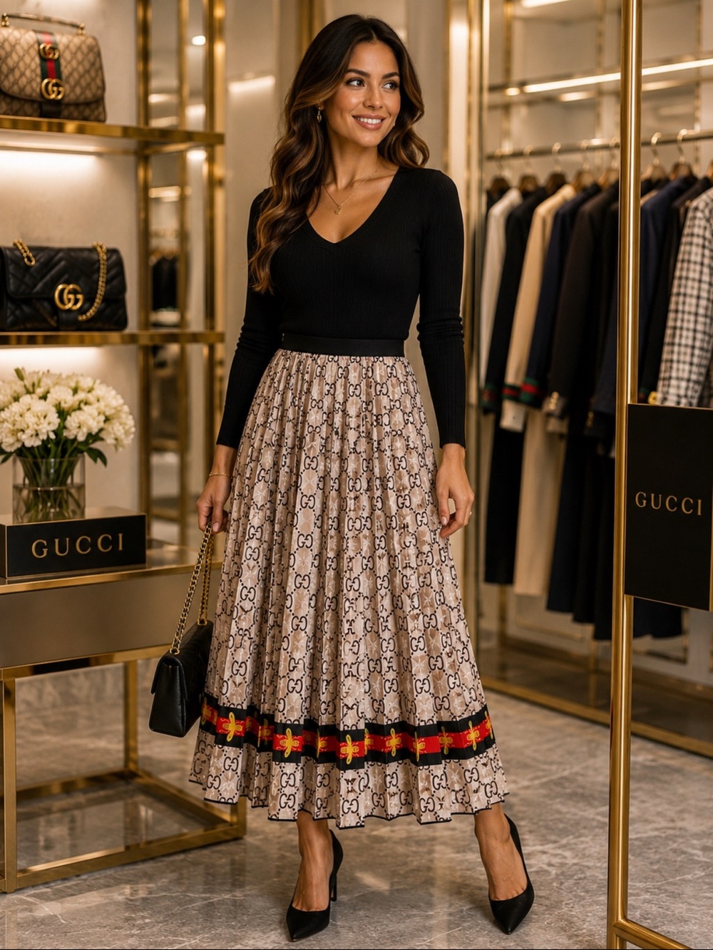 Beige Logo Print Pleated Midi Skirt